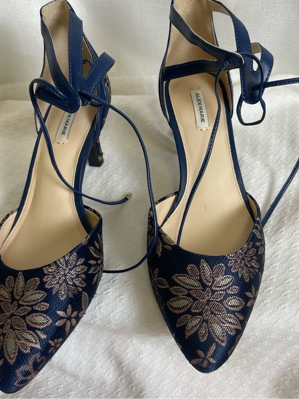 Alex Marie Navy Brocade Floral Lace-Up Heels